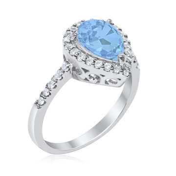 Halo Teardrop Bridal Filigree Ring Simulated Aquamarine CZ 925 Sterling Silver
